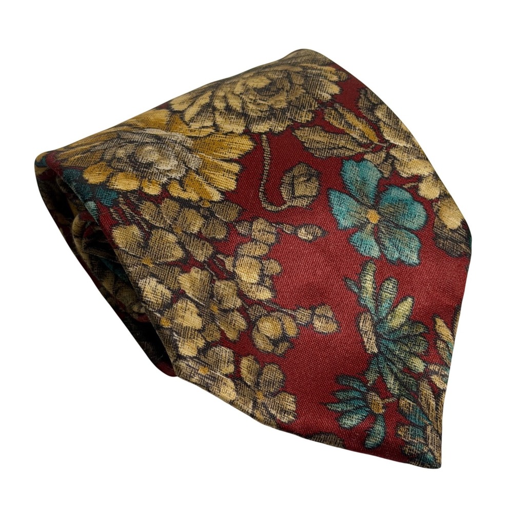 VTG Ketch Tie Red Gold Blue Floral Brocade Woven Formal Wedding Mens Necktie
